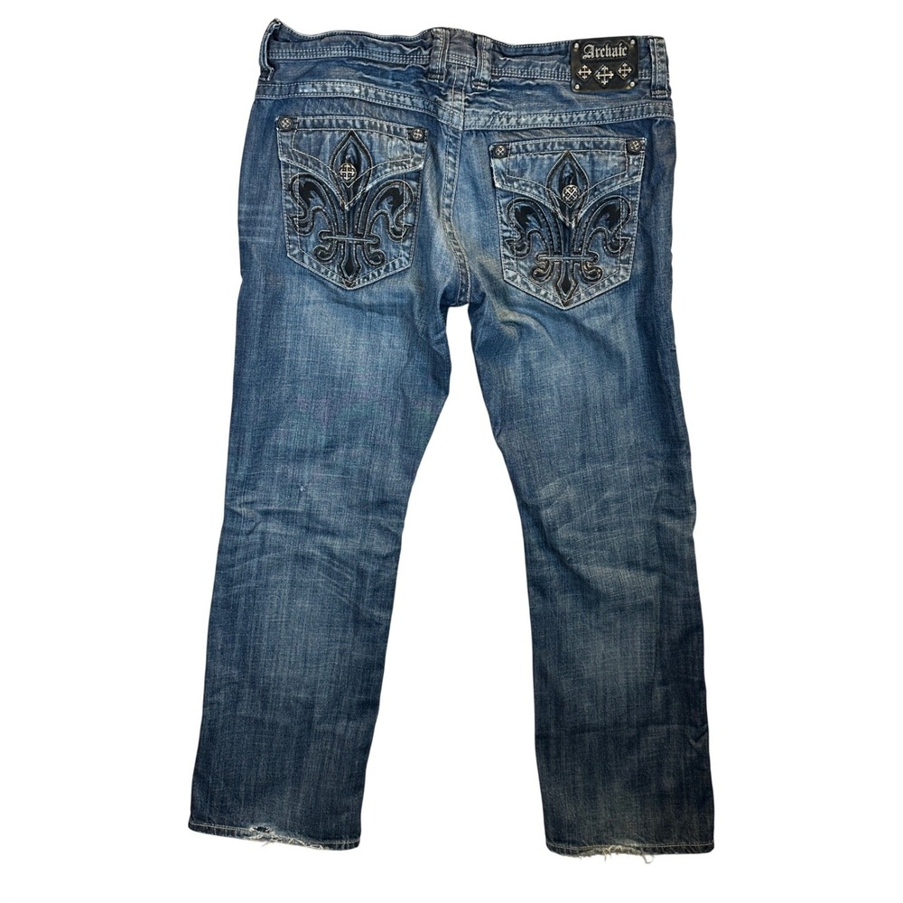 Archaic Baron Bootcut Jeans Men 38 Long Rugged Blue Embroidered Fleur De Lis Y2K